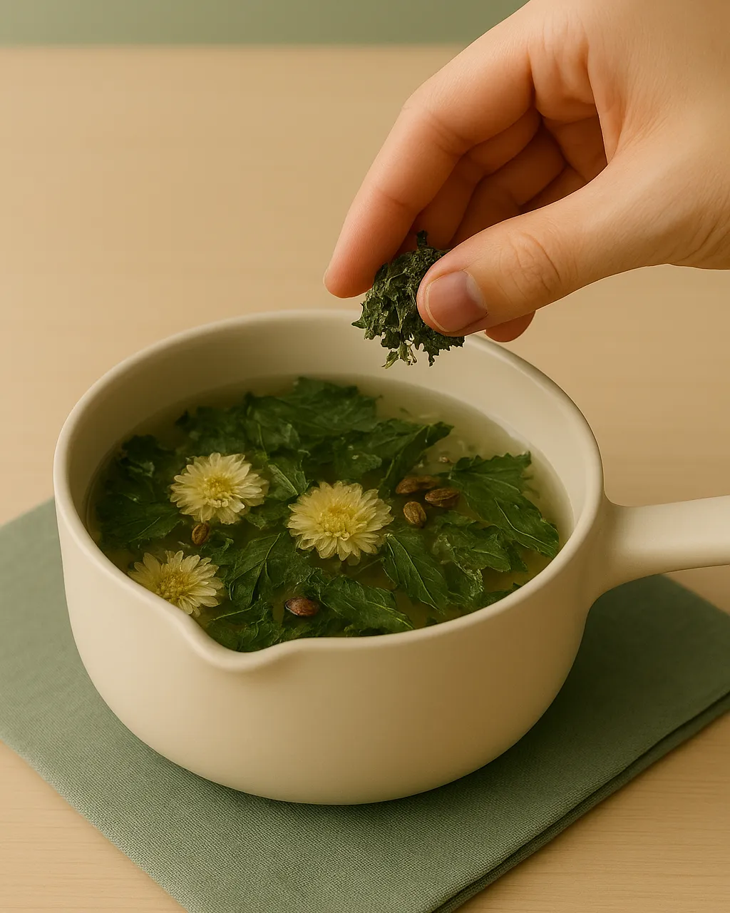 Peppermint being added to mulberry chrysanthemum tea