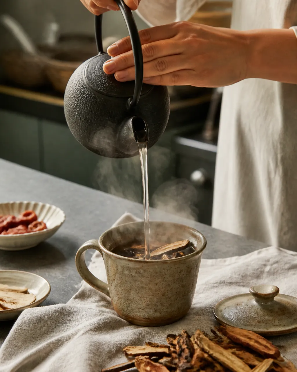 Boiling water poured over mulberry twigs for tea