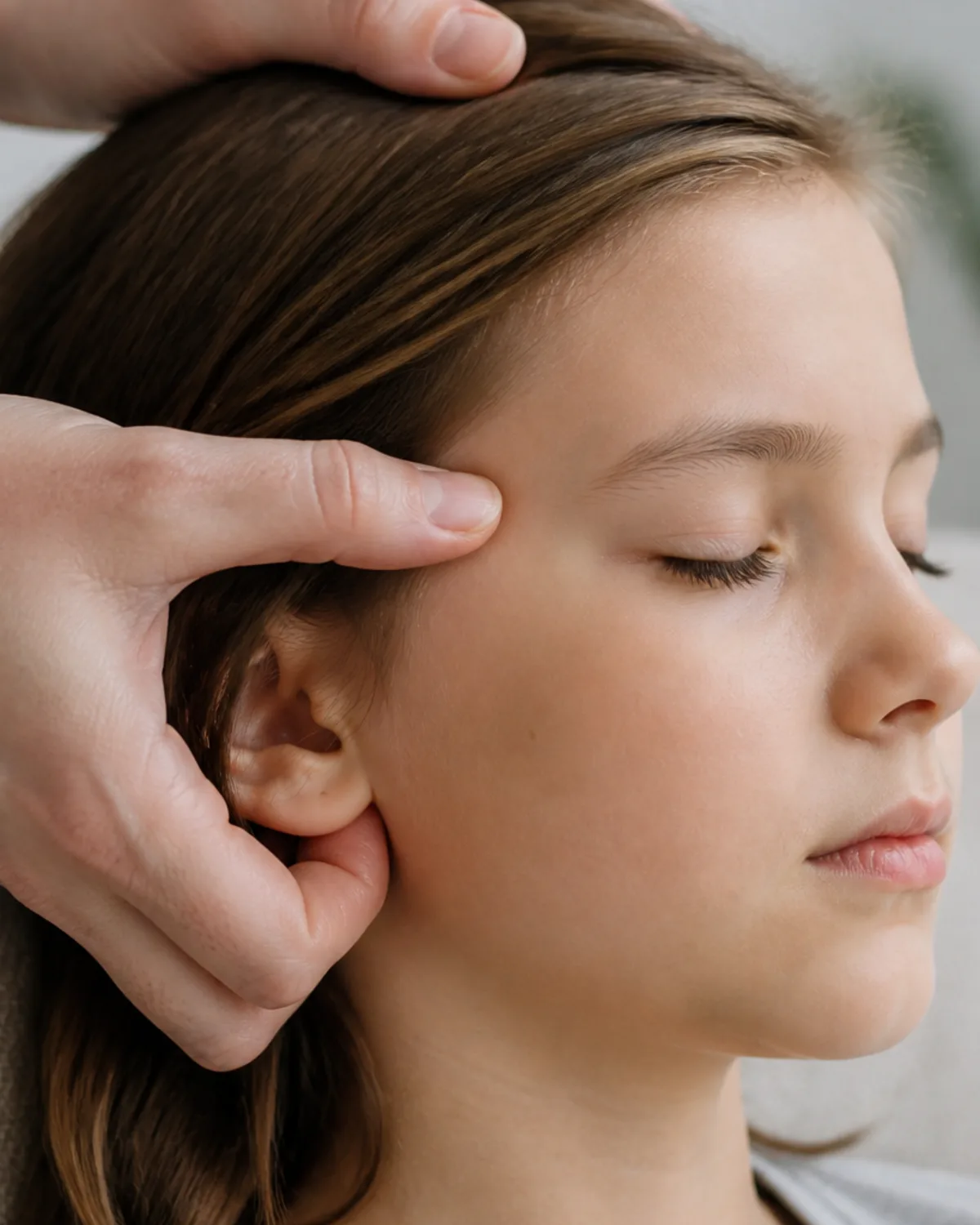 Adult fingertips gently pressing the temple hollow for paediatric migraine acupressure