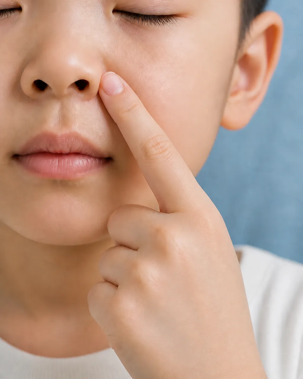 Index finger pressing Ying Xiang LI20 in the groove beside a child's nostril