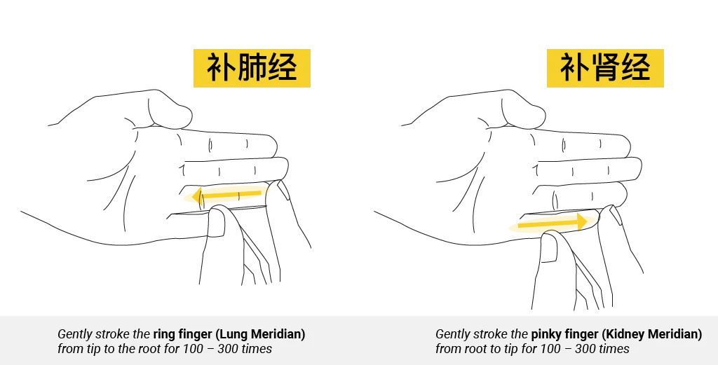 Teaching diagram of Bu Fei Jing on the ring finger and Bu Shen Jing on the pinky