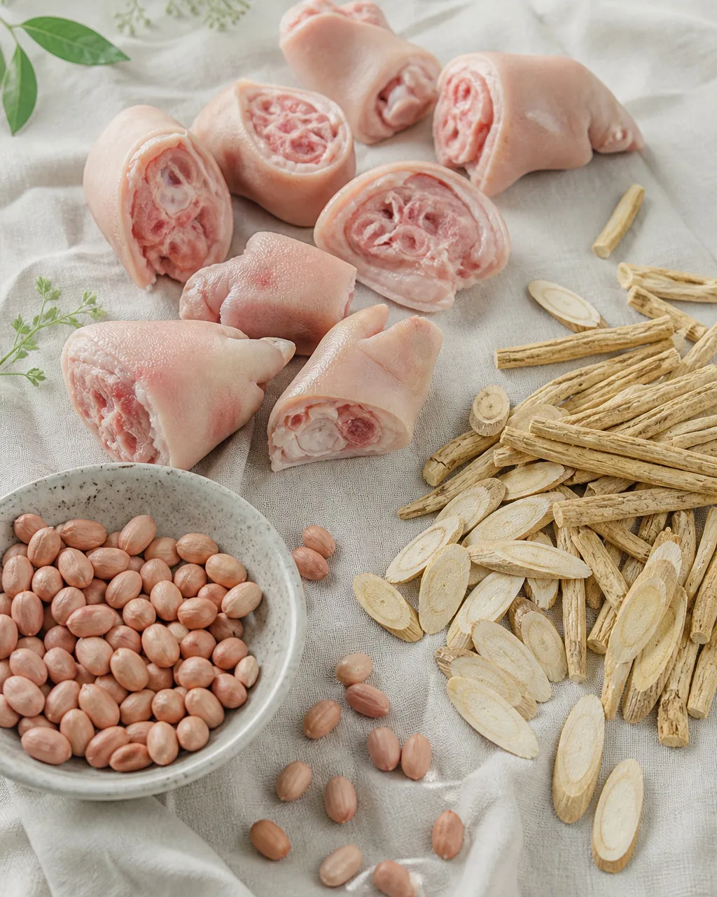 Pork trotter, peanuts, Codonopsis, and Astragalus ingredients for soup