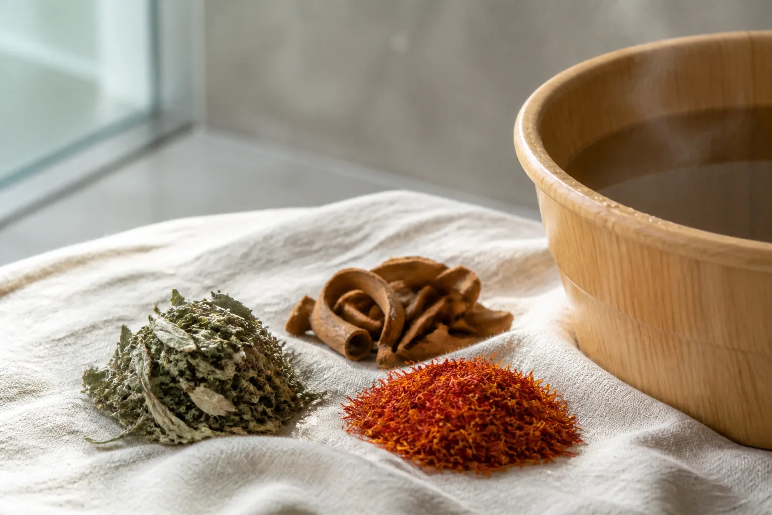 Dried mugwort, cinnamon bark, and safflower beside a warm foot basin for TCM soak at PULSE TCM