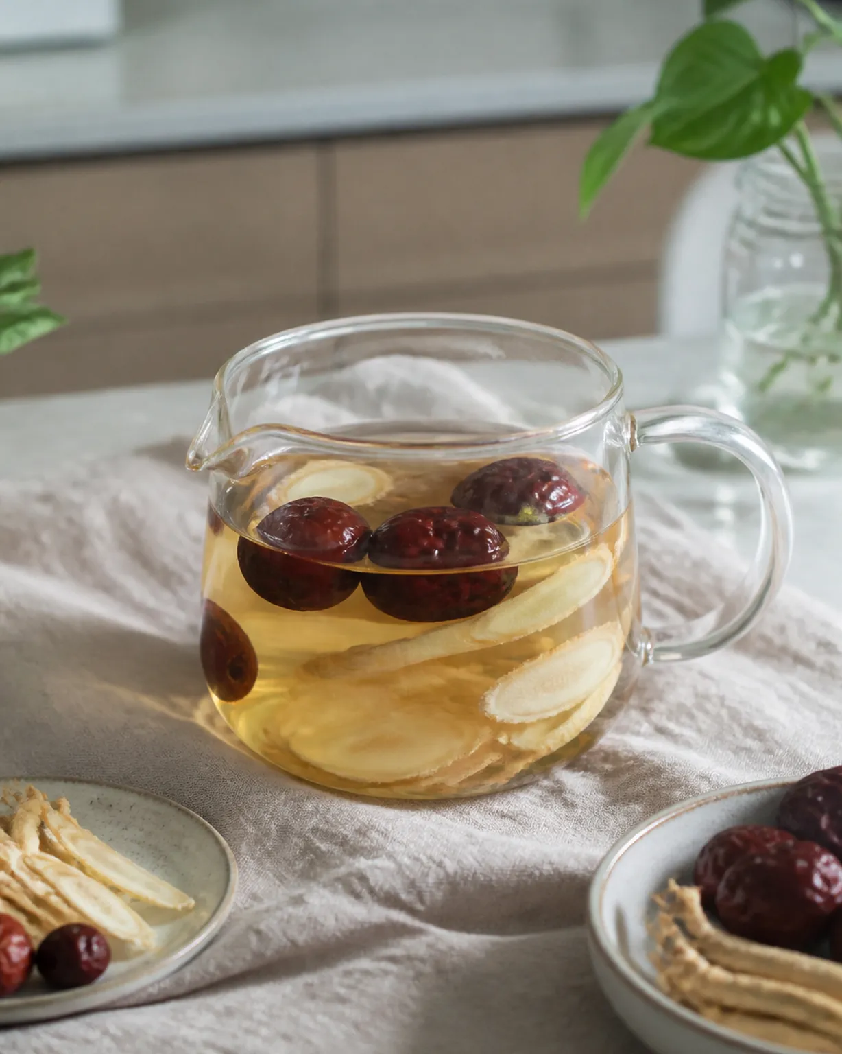 American ginseng and red dates steeping in a glass cup for Revitalising Tea