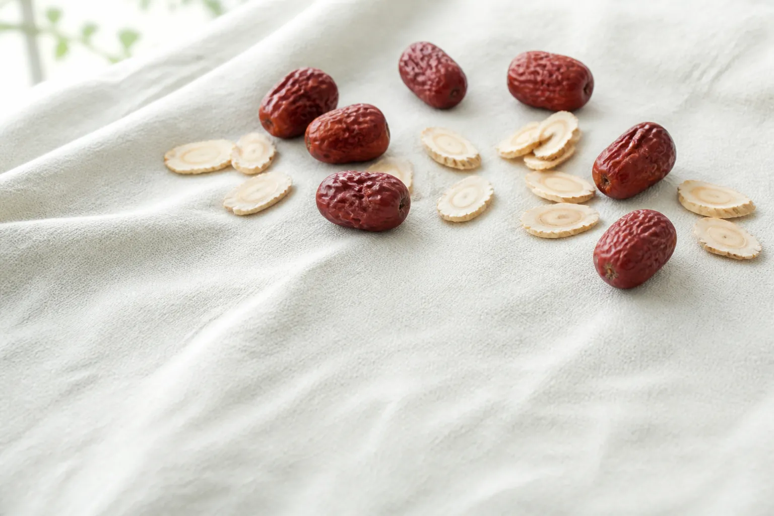 Dried American ginseng slices and red dates for Revitalising Tea at PULSE TCM