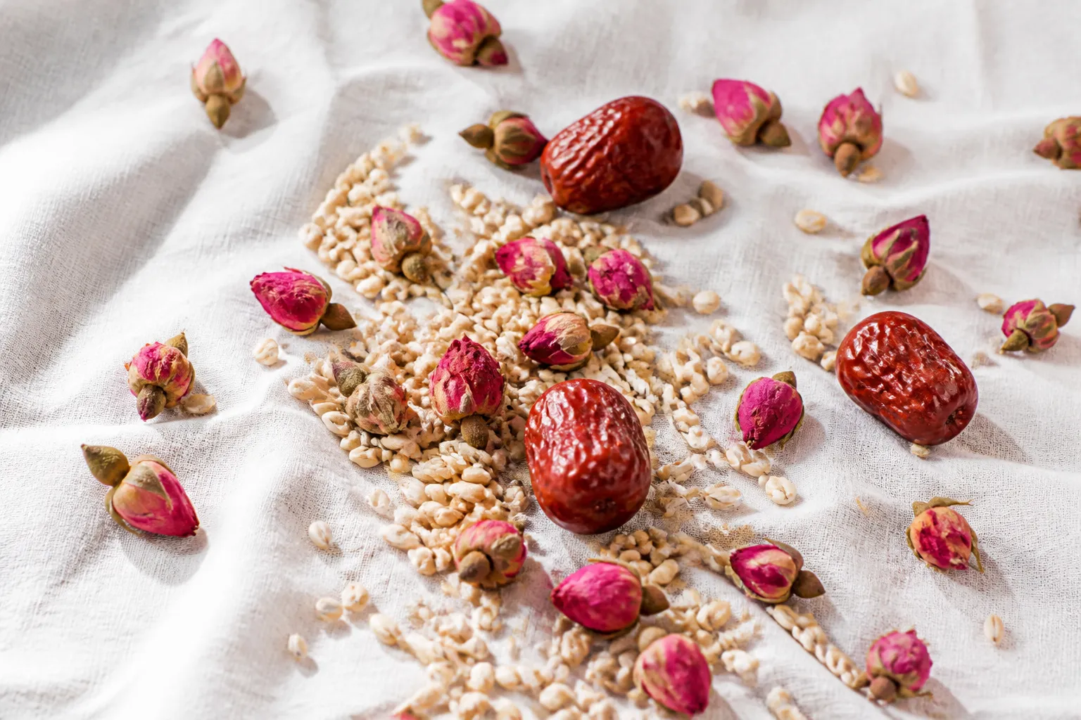 Dried rose buds, Fu Xiao Mai wheat, and red dates for tea at PULSE TCM