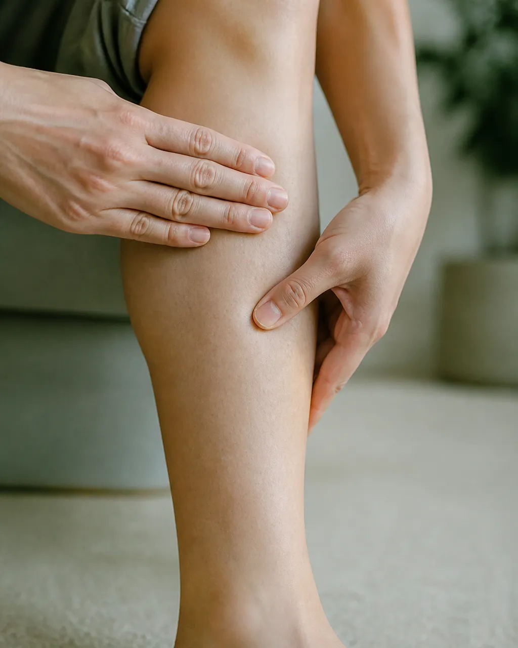 Hands measuring and pressing Zu San Li ST36 below the outer kneecap for sedentary weight care