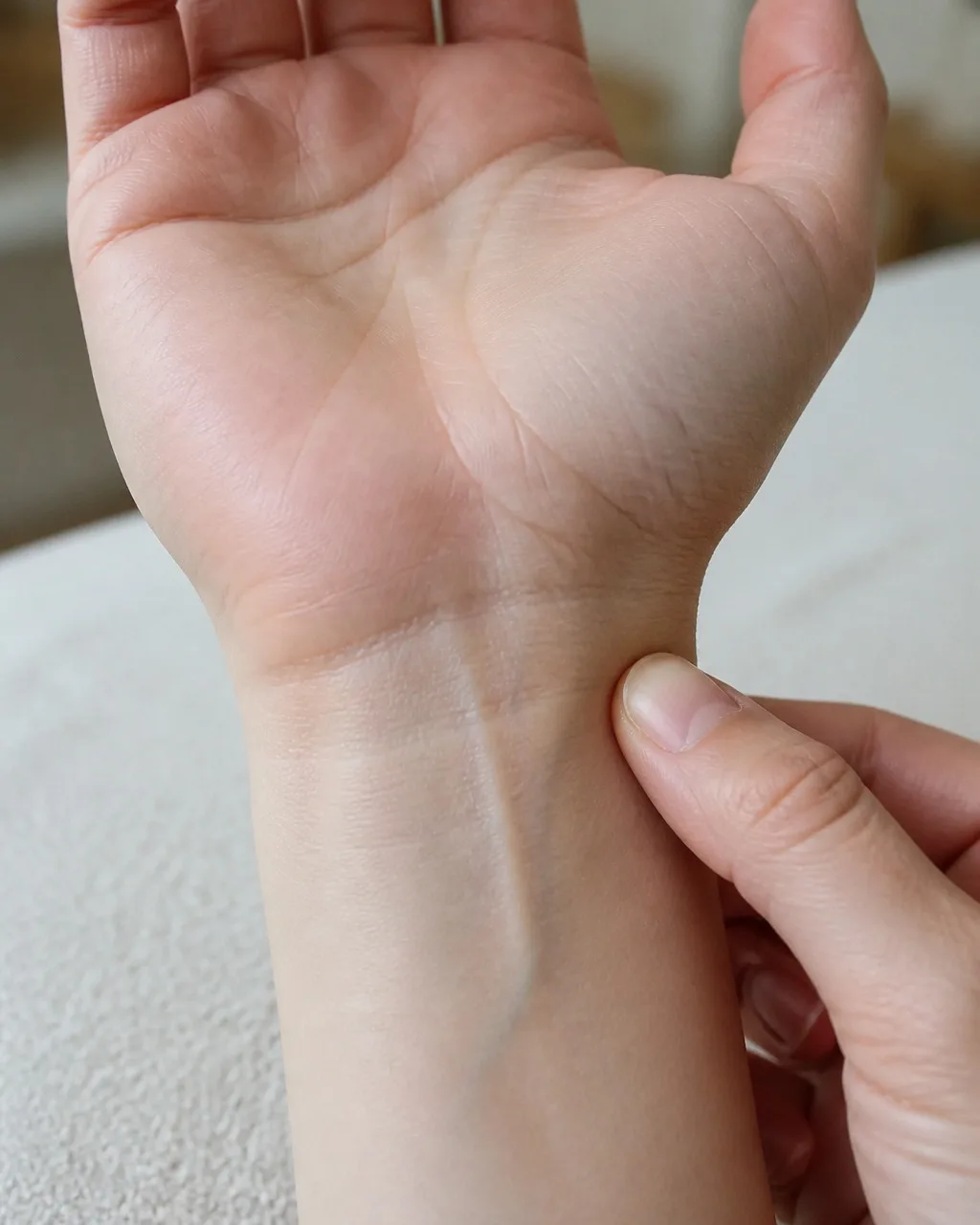 Finger locating Shen Men HT7 on the ulnar palmar wrist crease