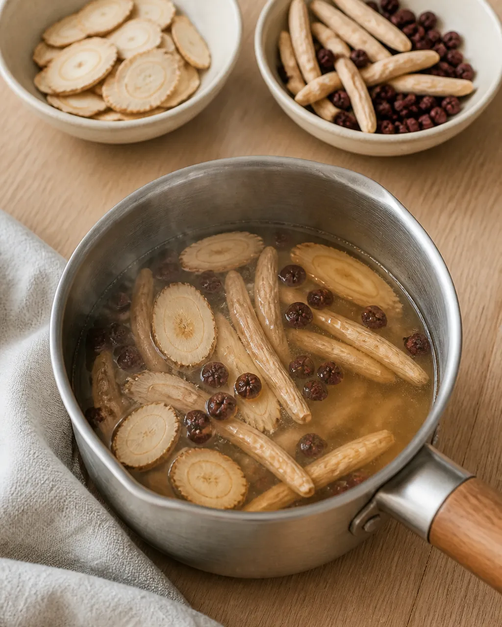 Small pot simmering Sheng Mai Yin with Dang Shen, Mai Dong, and Wu Wei Zi