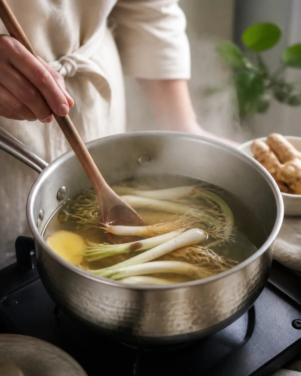 Spring onion and ginger simmering in a saucepan for brown sugar tea