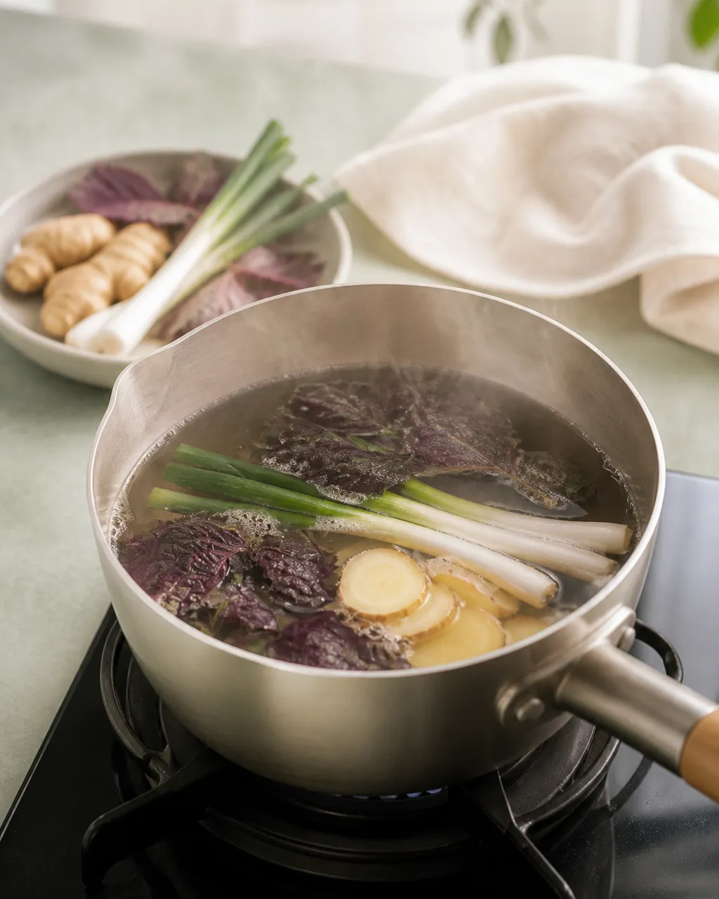 Spring onion, ginger, and perilla leaf simmering in a saucepan