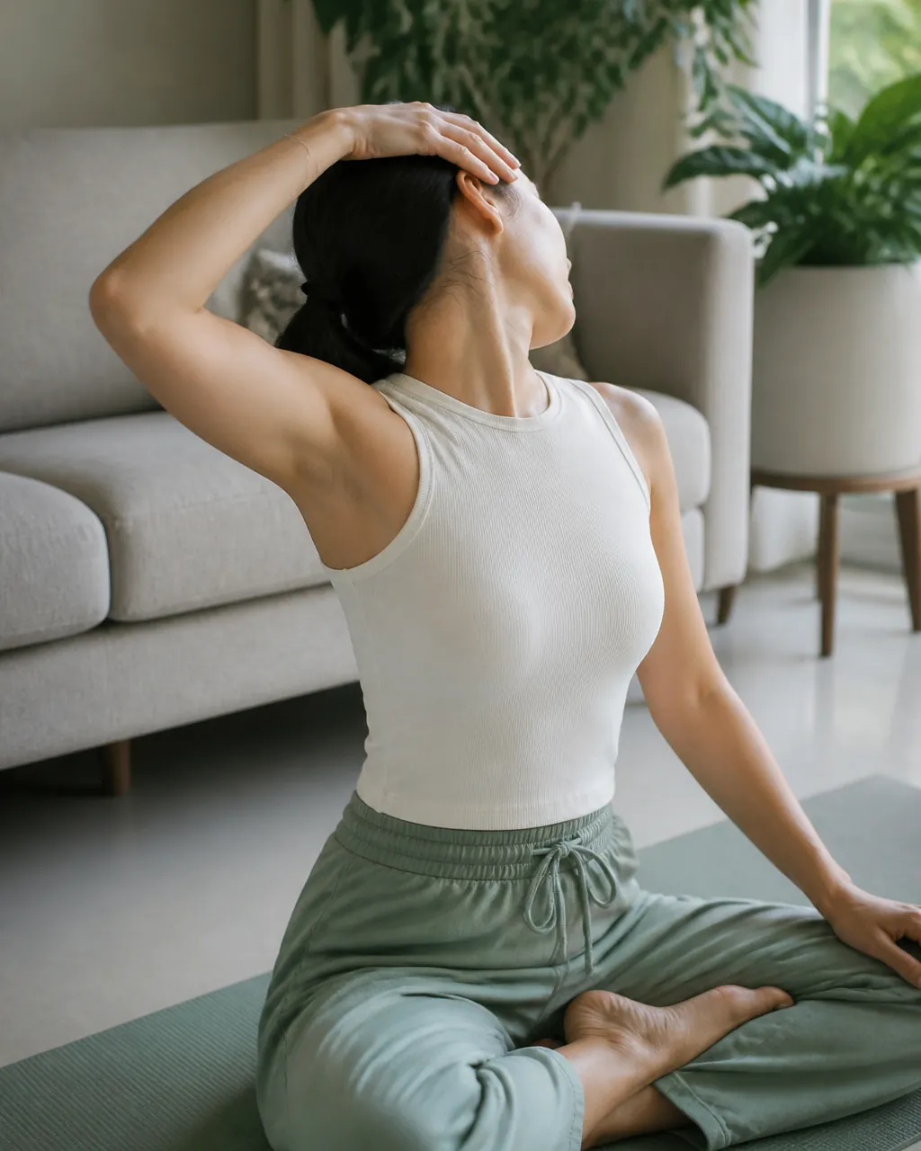 Person doing a gentle seated neck stretch for stiff neck relief
