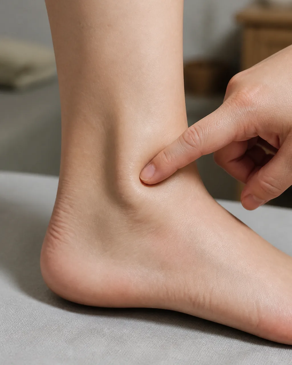 Finger locating Zhao Hai KI6 below the inner ankle bone