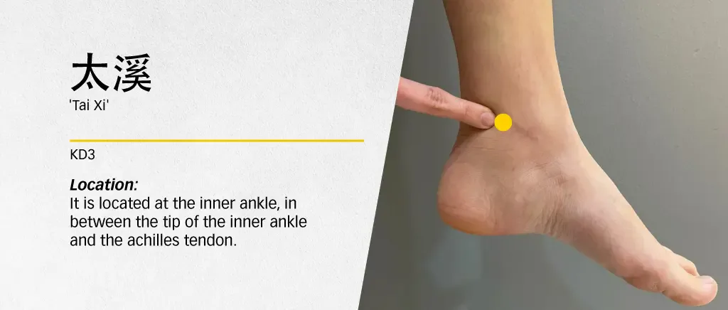 Illustration locating Tai Xi KD3 at the inner ankle