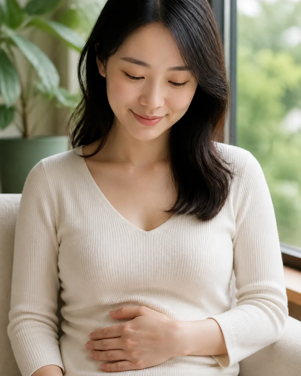 Calm East Asian woman resting a hand on her lower abdomen in soft natural light, cycle and fertility self-awareness