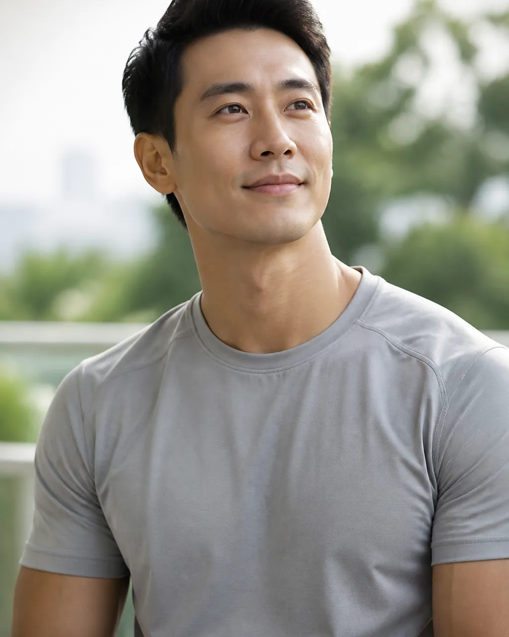 East Asian man outdoors in soft morning light, vitality and male fertility health