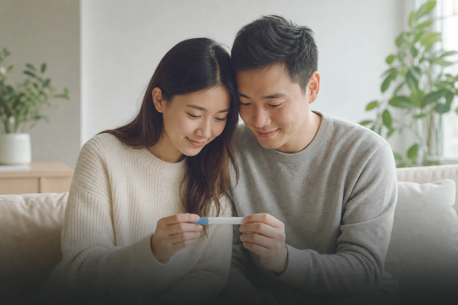 Couple reviewing a home pregnancy test together during a TCM fertility journey