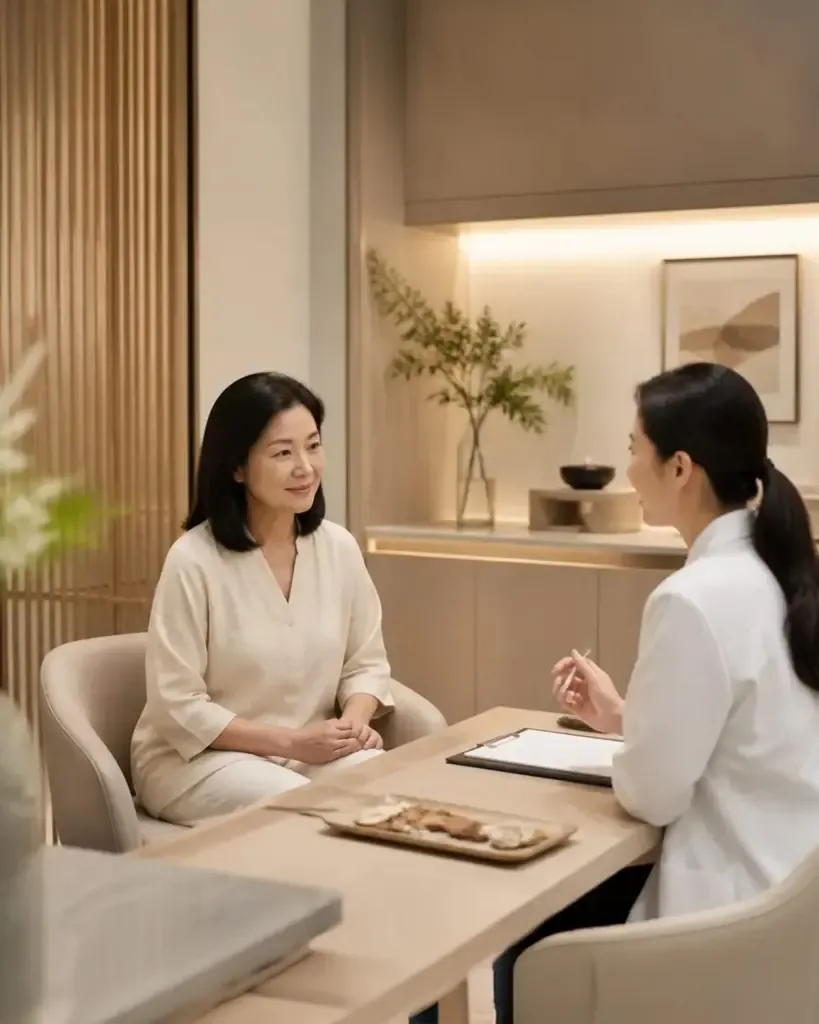 TCM fertility consult in Singapore with physician notes and herbs on the desk