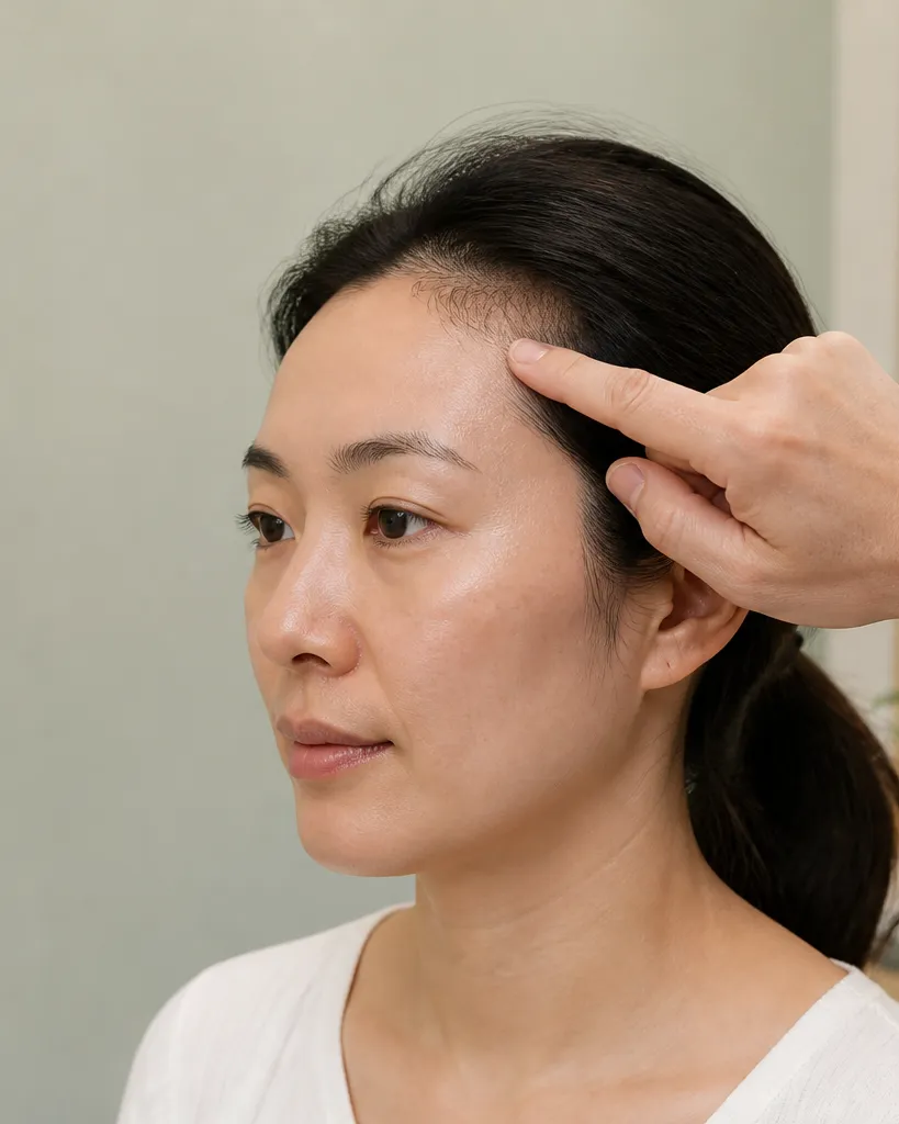 Finger locating Tou Wei ST8 at the forehead hairline corner