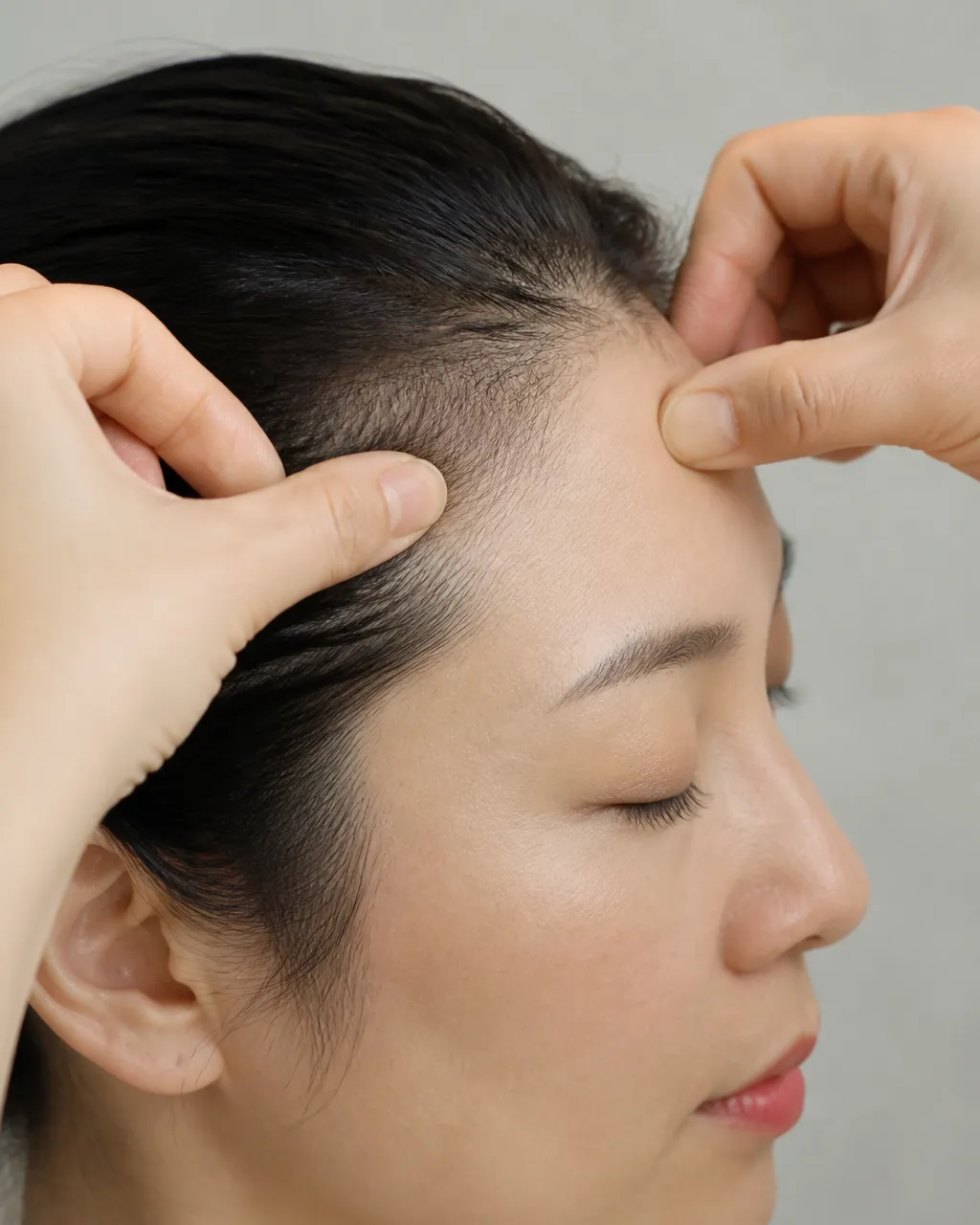 Thumbs gentle-pressing Tou Wei ST8 at both forehead hairline corners