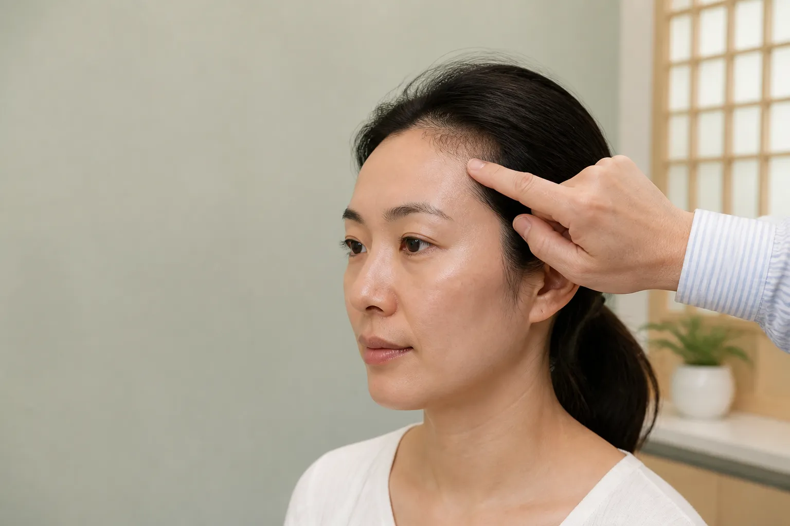 Finger locating Tou Wei ST8 at the forehead corner inside the anterior hairline