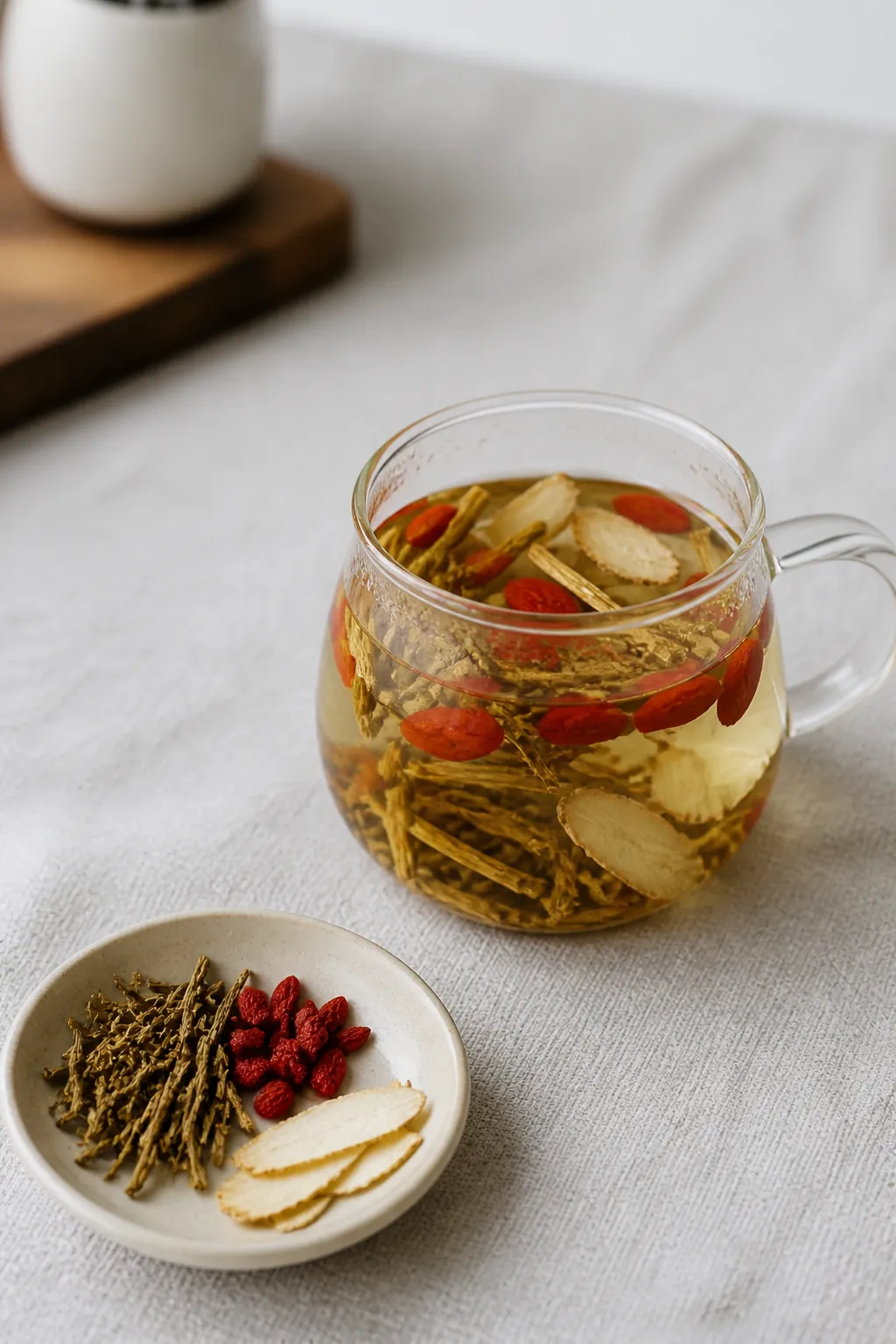 Glass mug of Vision Brightening Tea steeping beside dried herbs