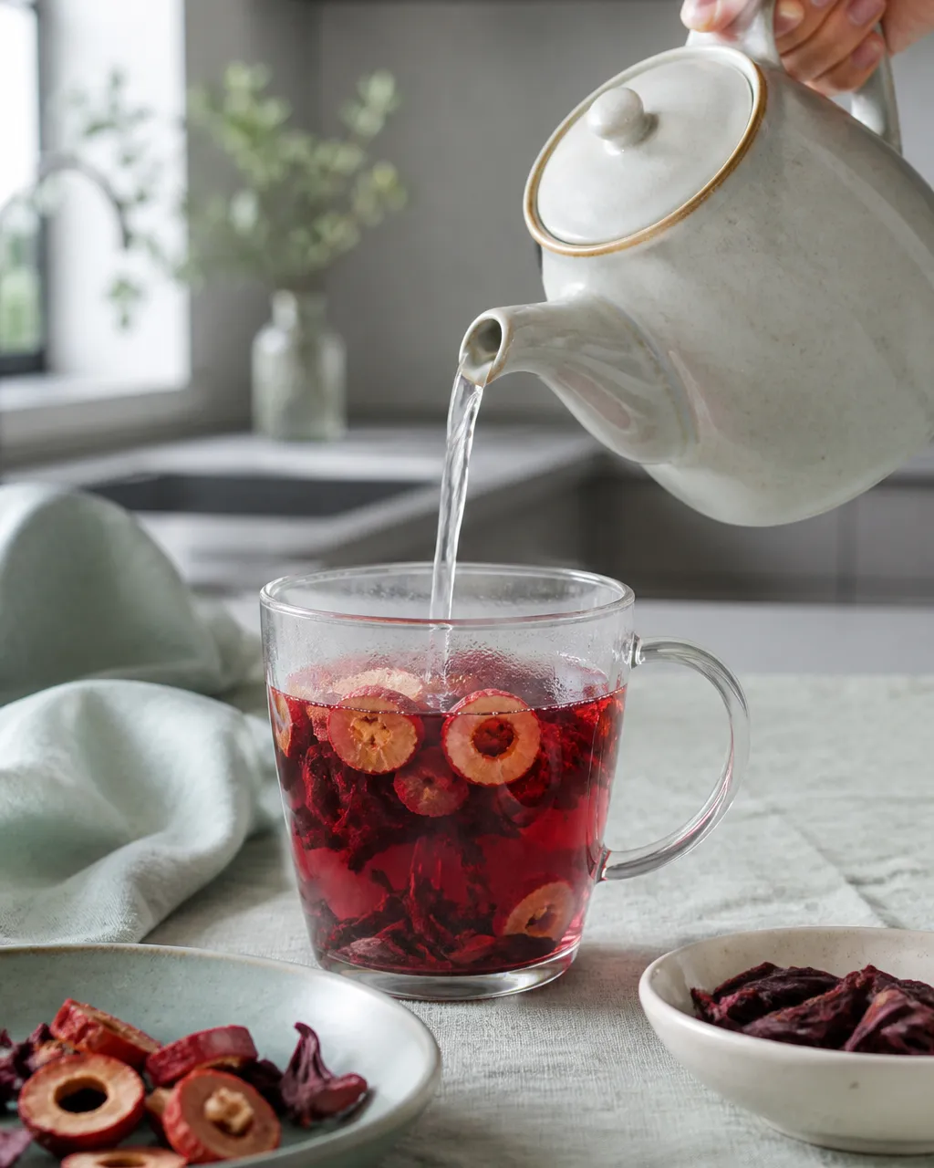 Glass of ruby hawthorn and roselle tea with dried herbs on a plate