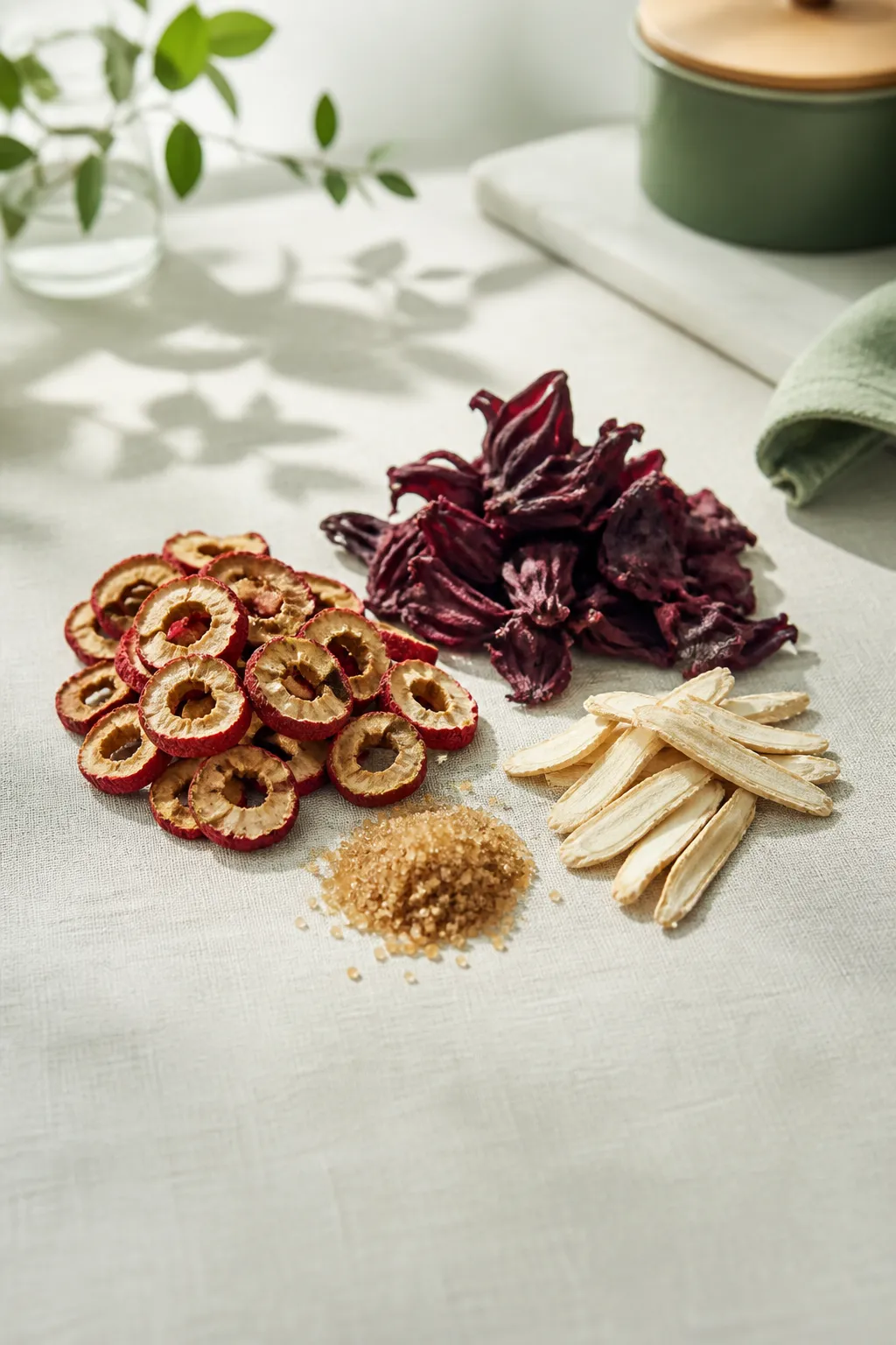 Dried hawthorn, roselle petals, and licorice for weight reduction tea at PULSE TCM