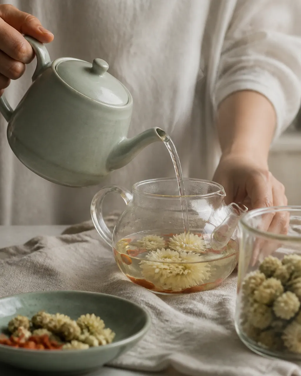 White chrysanthemum and wolfberries steeping for tired-eye tea