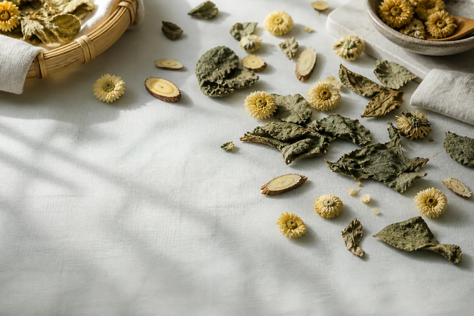 Dried mulberry leaf, yellow chrysanthemum, and licorice for wind cold tea