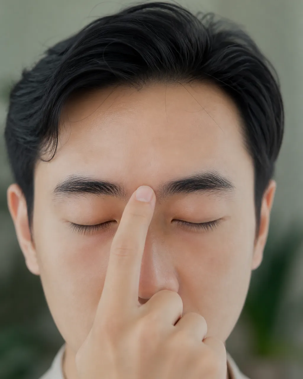 Finger locating Yin Tang EX-HN3 at the midpoint between the eyebrows