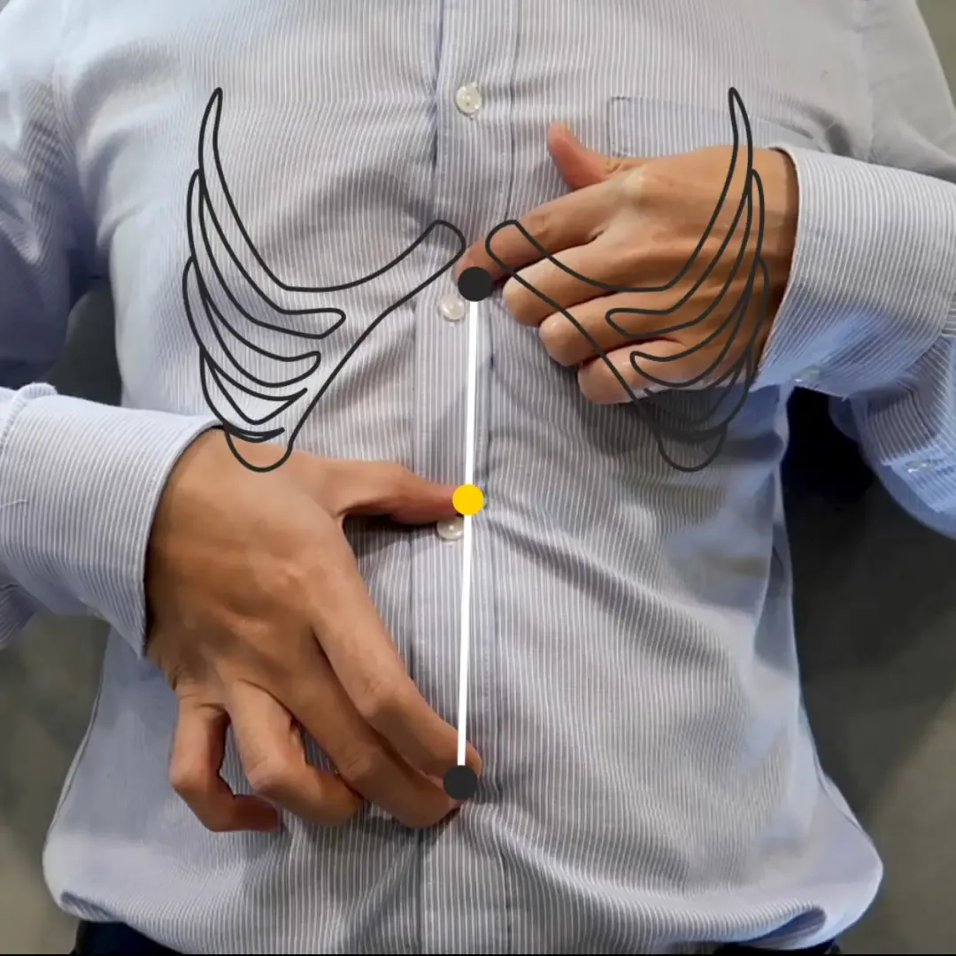 Hands marking the xiphoid and navel on the abdomen midline with a yellow dot at Zhong Wan RN12 between them
