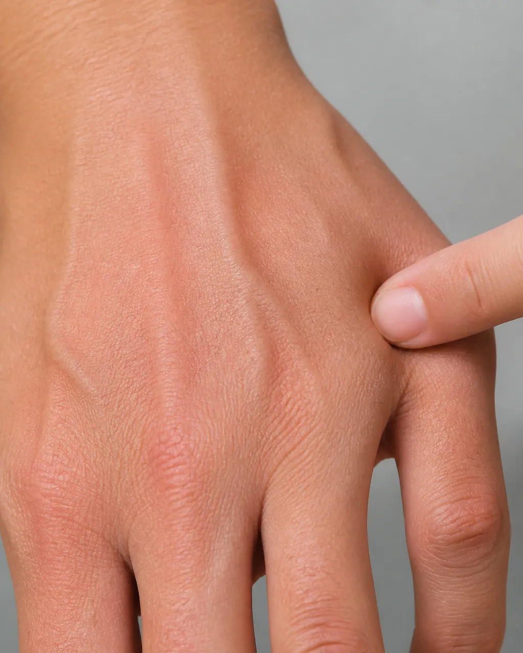 Finger locating Zhong Zhu TE3 between fourth and fifth metacarpals
