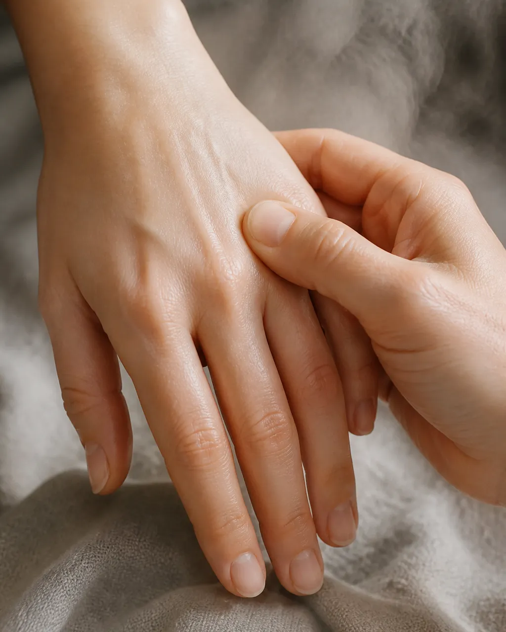 Thumb circling Zhong Zhu TE3 on the hand dorsum until a dull ache