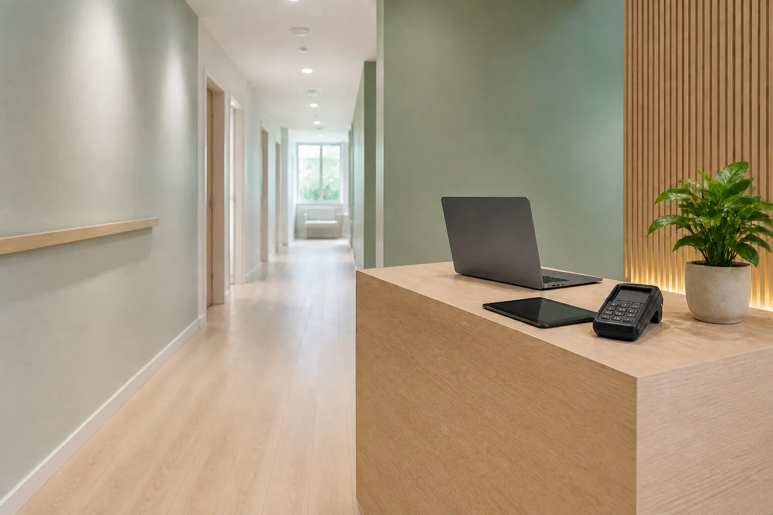 Reception desk and card terminal for TCM charges at PULSE