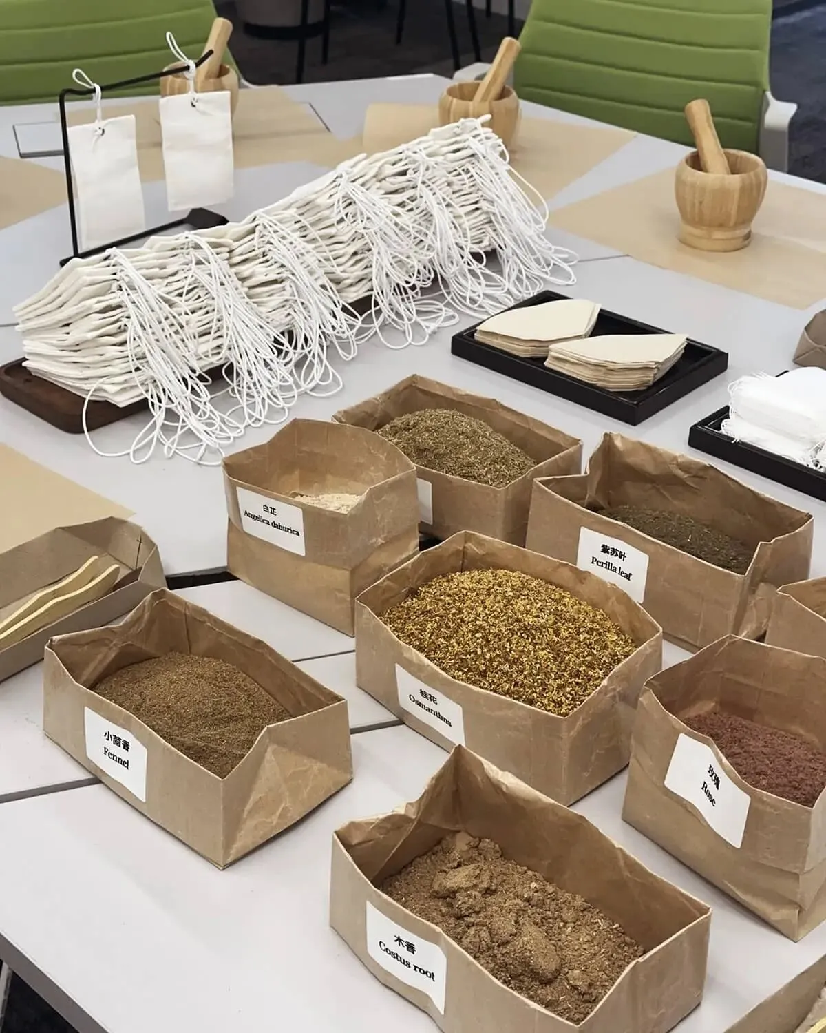 TCM wellness scent pouches with dried herbs and mortar