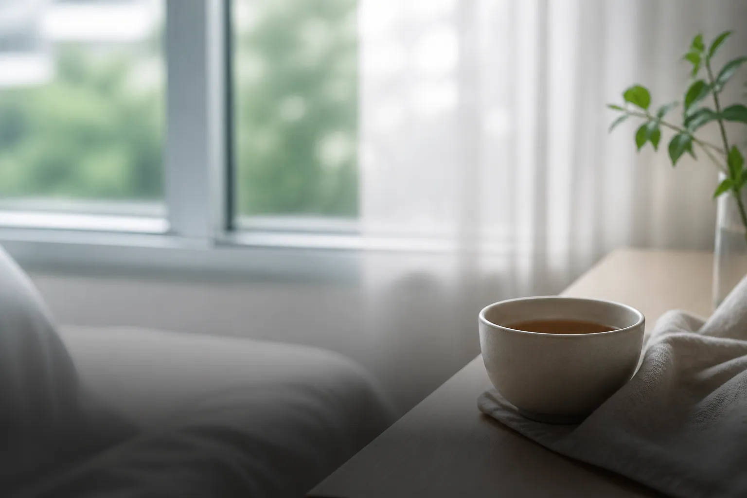 Quiet morning self-care ritual with tea and soft natural light