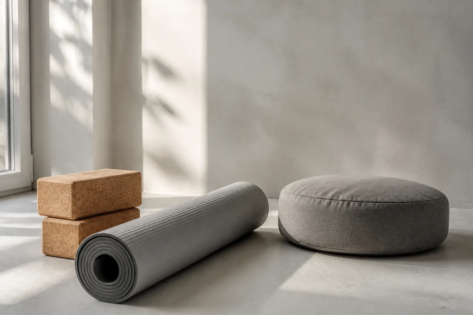 Yoga blocks, mat, and meditation cushion for a daily breath pause