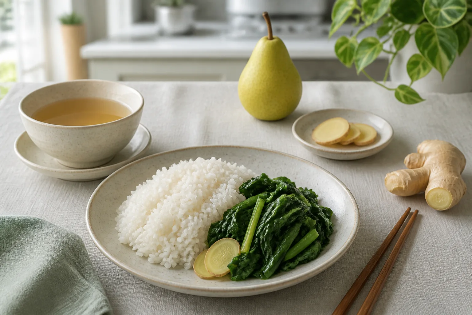 Warm broth, rice, greens, and ginger on a calm kitchen plate for guided IBS nutrition