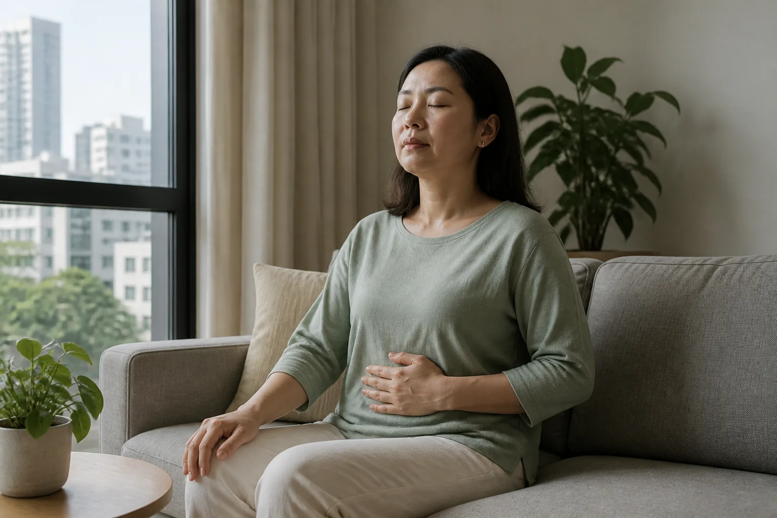 Adult resting a hand on the abdomen during a quiet breathing pause for gut-brain calm