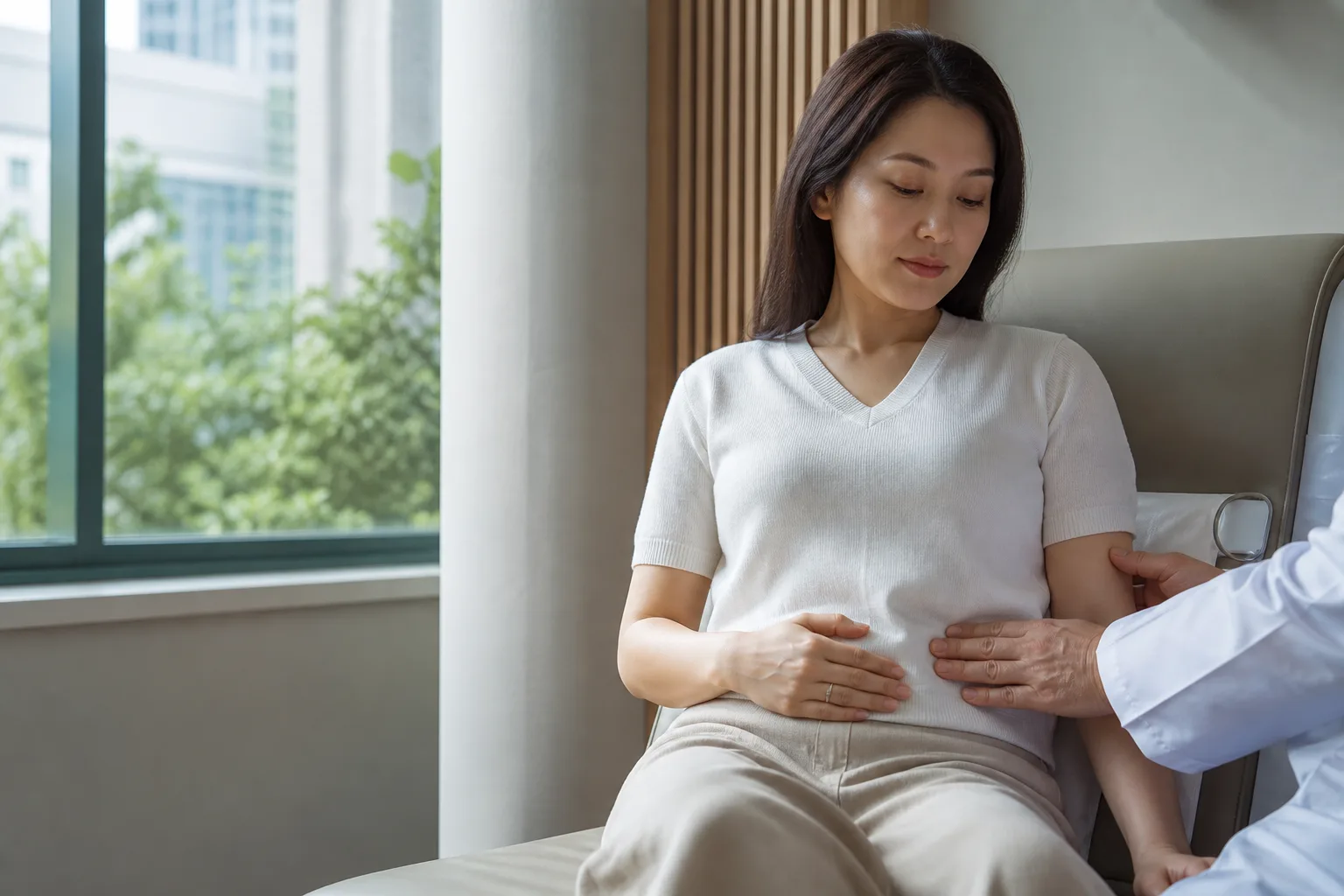 Physician gently assessing the abdomen during an integrative IBS consult at PULSE