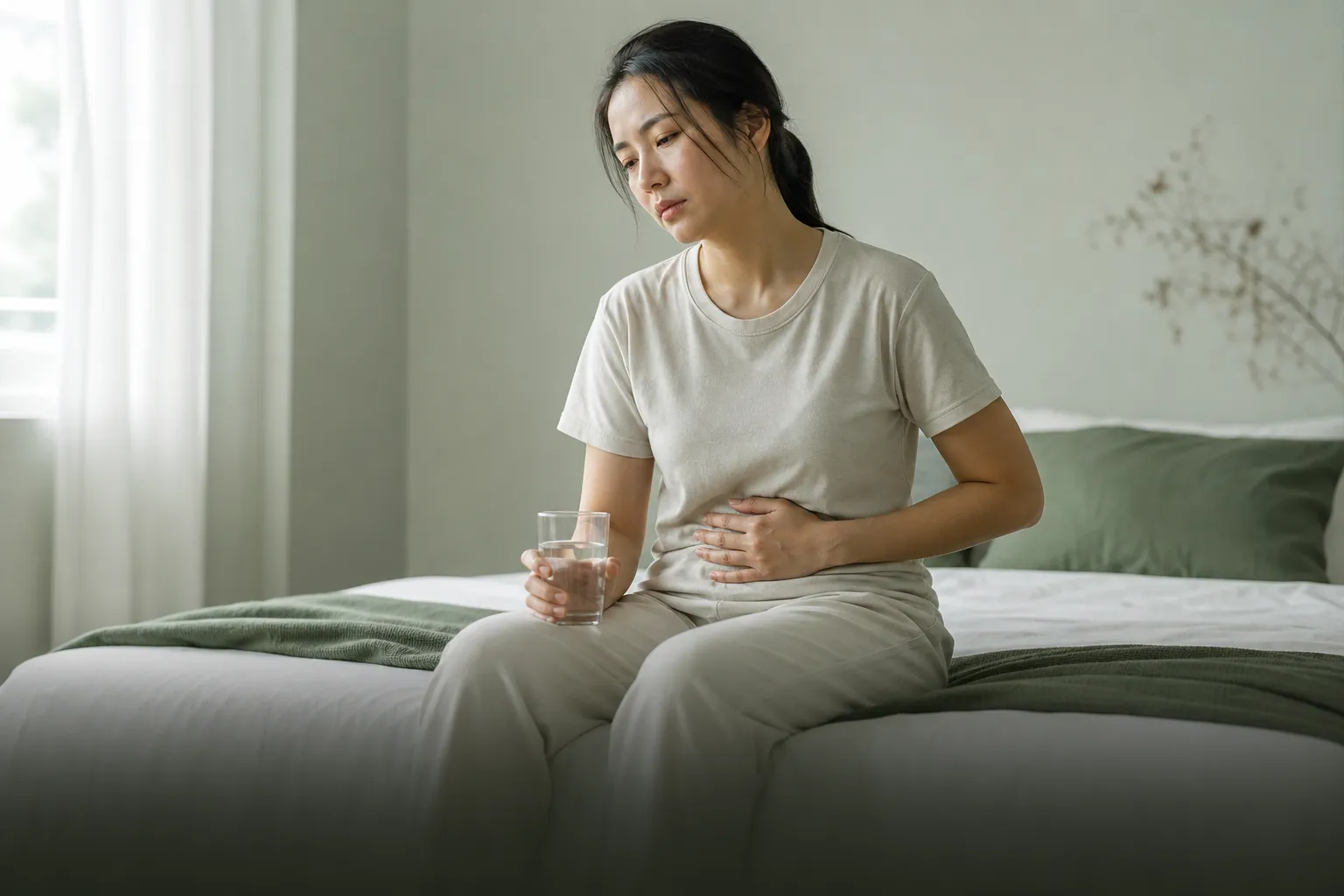 Adult sitting on a bed edge with a hand on the abdomen during a quiet pause for stress and thin sleep