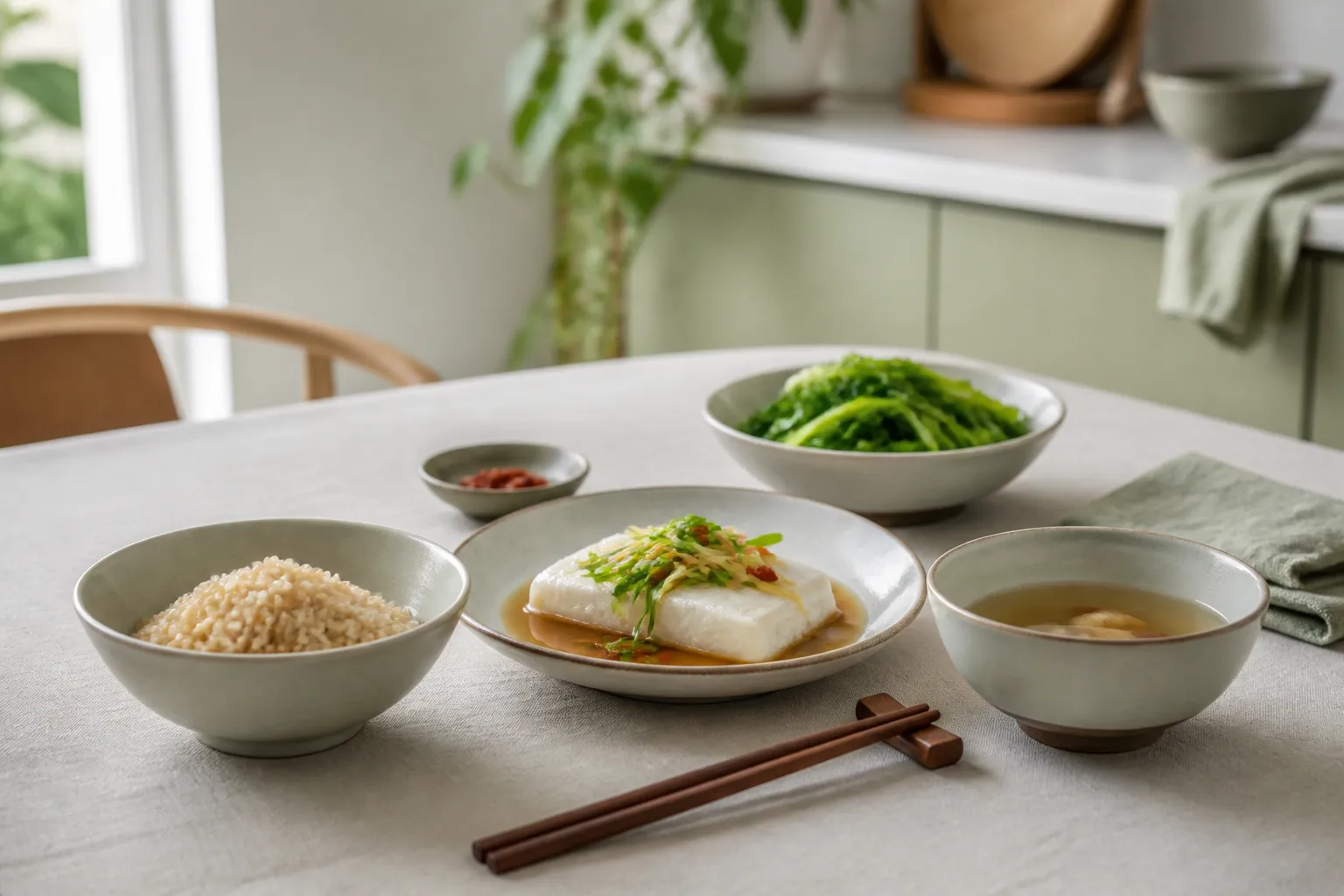Balanced plate of tofu, brown rice, greens, and clear broth for sustainable weight care