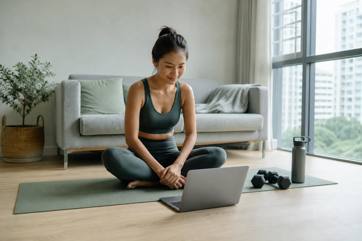 Person on a yoga mat starting a virtual workout on a laptop at home