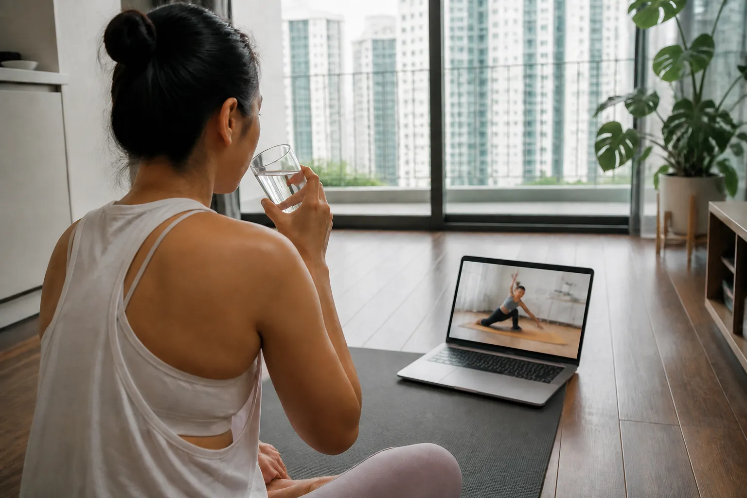 Person following a stretch class on a laptop in a private living room