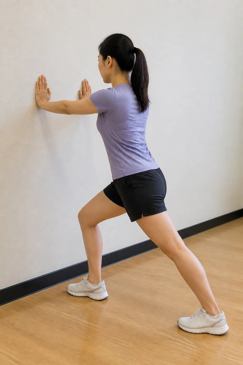 Person facing a wall with a straight back leg stretching the calf