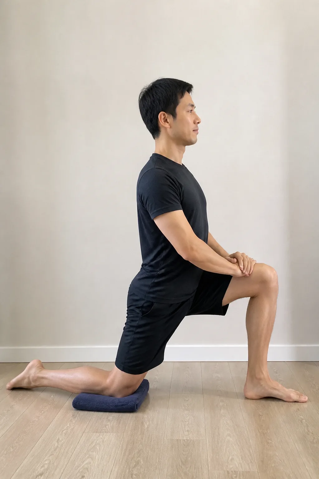 Person in a kneeling lunge stretching the hip flexor after sitting
