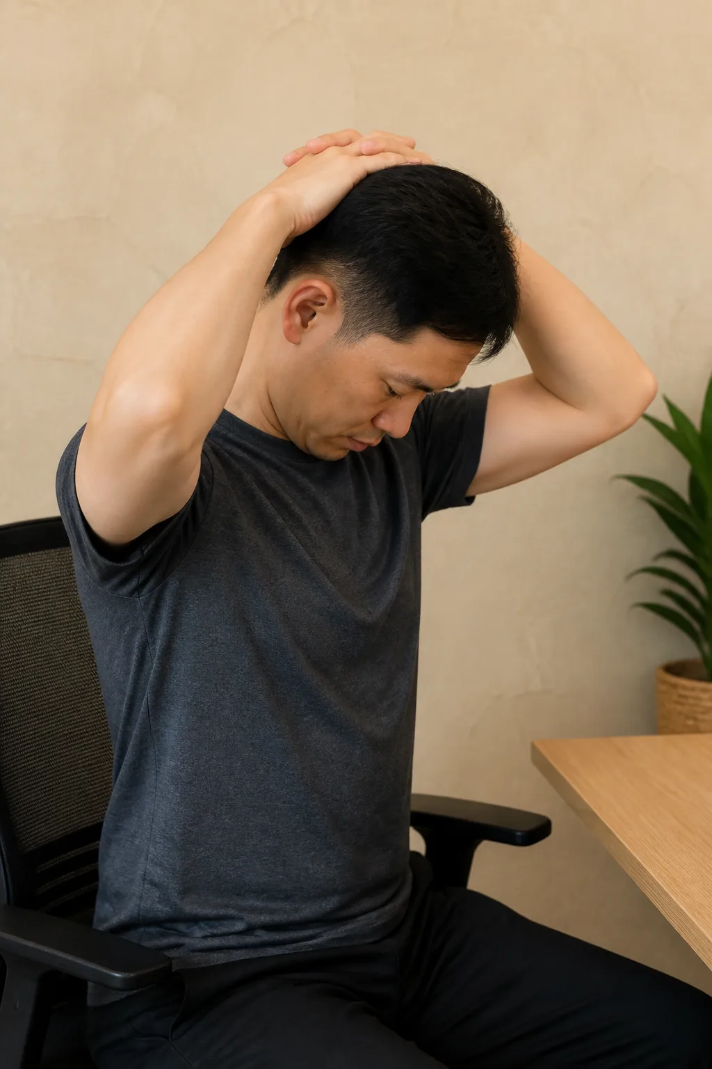 Person bending the head forward with hands assisting a neck stretch