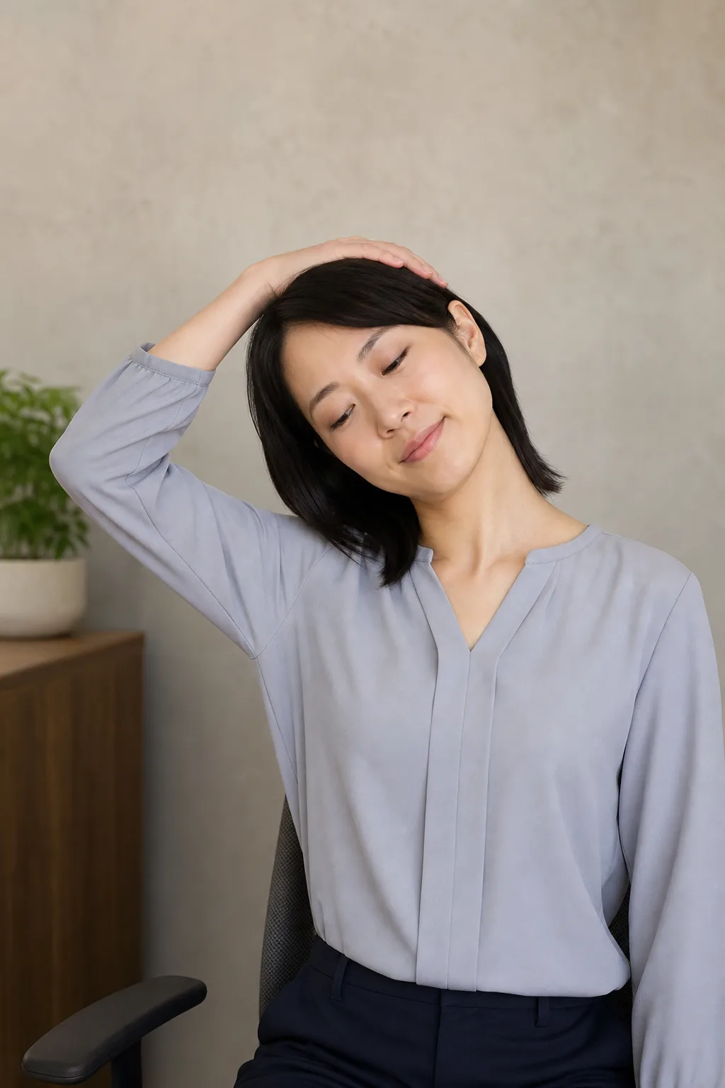 Person tilting the head for a side neck stretch at the desk