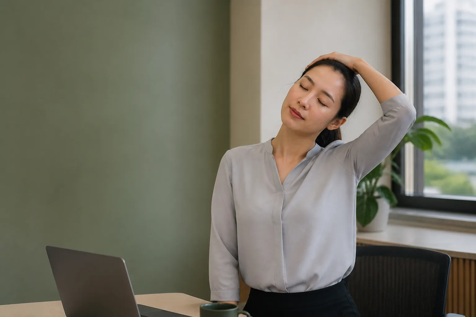 Professional standing beside a desk doing a gentle neck stretch for posture